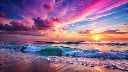 Fototapeta premium Vibrant sunset over ocean waves with colorful sky
