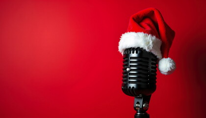 Vintage microphone with Santa hat on red background