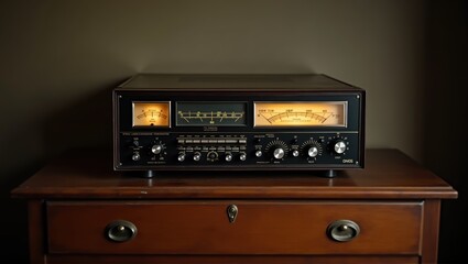Obraz premium Vintage Kenwood stereo receiver on wooden surface, illuminated dials, retro technology, music equipment, warm ambiance. Generative, AI,