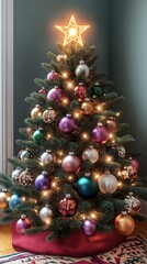 Fototapeta premium A decorated Christmas tree adorned with colorful ornaments and twinkling lights in a cozy living room.