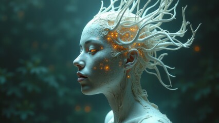 Futuristic woman with organic-style cybernetic enhancements and glowing elements integrated into her head, blending sci-fi and fantasy themes