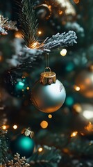 A decorated Christmas tree adorned with blue and gold baubles in a festive living room setting.