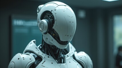 Fototapeta premium High-tech white robot with sleek design and integrated sensors in a modern indoor environment, representing robotics and artificial intelligence