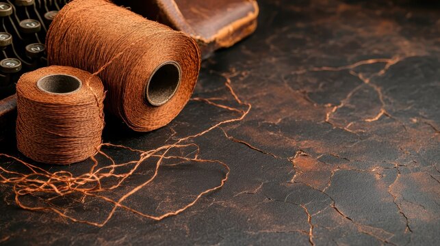 Bundles of twine and a leather book rest on a rustic leather case, evoking a sense of artistic inspiration and the joy of tactile craftsmanship and creativity.