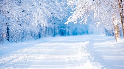 Obraz premium Snow-covered road winding through a dense forest of tall pine trees in a serene winter landscape.