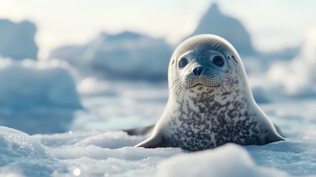 Young Baikal Seal Stretching on Ice Surface of Frozen Lake Image