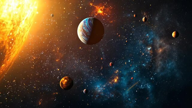 A large, fiery sun illuminates the cosmos as numerous planets orbit it in this digital illustration