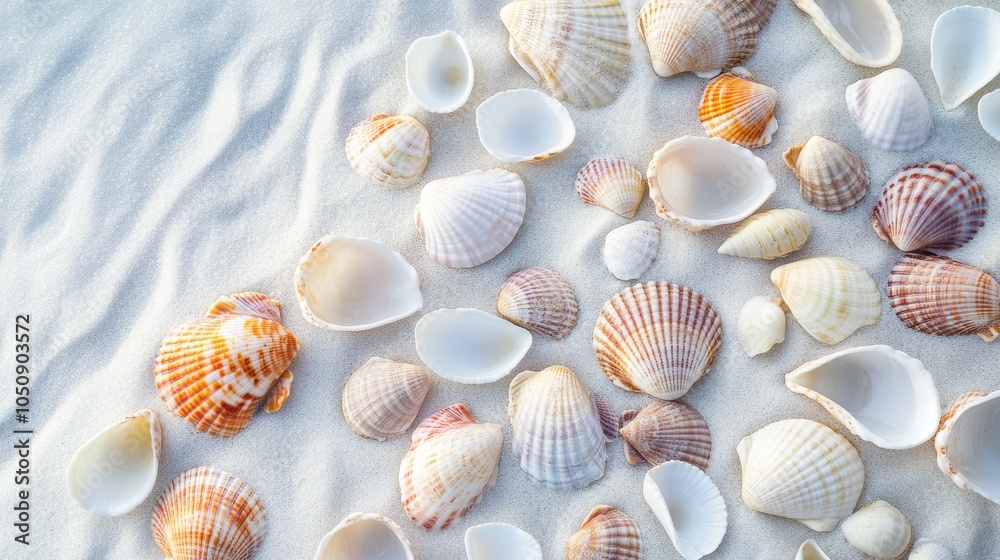Poster A tranquil scene of various colored seashells scattered on a white sandy beach, Symbolizing the diverse yet harmonious contributions of different elements coming together in a serene environment