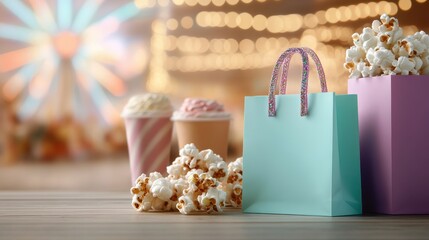 An exciting carnival-themed image presents a turquoise gift bag with glittery handles, accompanied by popcorn and colorful drinks with a blurred Ferris wheel backdrop.