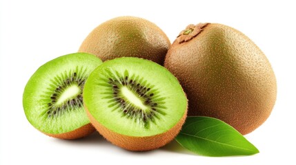 Fototapeta premium Freshly Cut Kiwi Fruit with Leaves