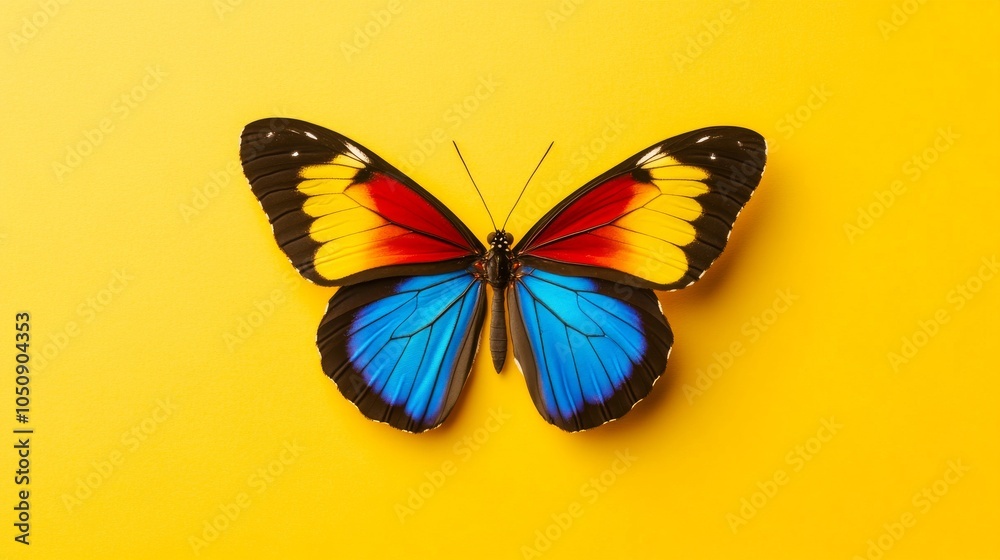Poster a vibrant butterfly with different colored wings against a plain yellow background symbolizing diver