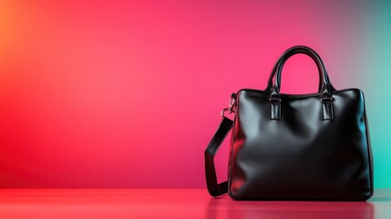 A striking black handbag is set against a bold, multicolored backdrop, highlighting its contemporary design and chic allure for sophisticated fashion lovers.
