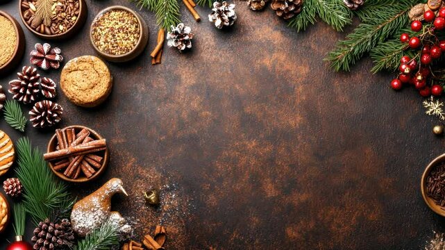 Festive christmas and new year table with pine cones, spices, and evergreen branches for a merry christmas and happy new year