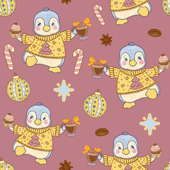 Christmas winter pink pattern with cute dressed penguins in sweater and cupcake