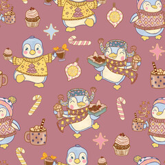 Christmas winter pink pattern with cute dressed penguins in a sweater and sweets