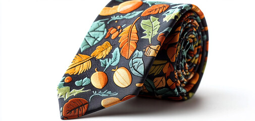 Colorful tie with leaf and fruit patterns, isolated on a white background.