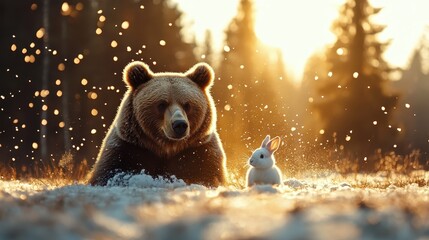 A tranquil bear and a lovely rabbit share a snowy meadow under a warm golden sun, showcasing the joy and peace found in nature’s gentle embrace.