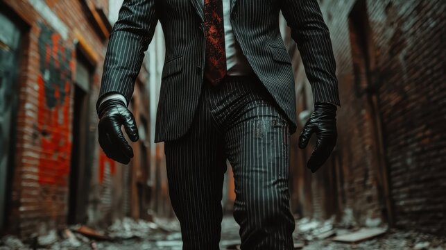 A man in a pinstripe suit and leather gloves strides confidently down an urban alley, evoking themes of power, strength, and determination in a cinematic setting.