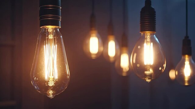 A close-up of a vintage-style light bulb hanging from a ceiling, with several others in the background