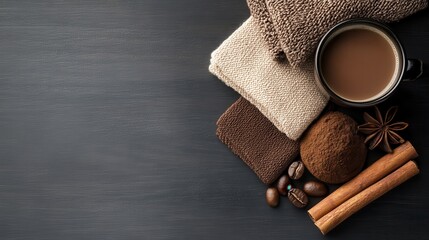 A cozy scene with a cup of coffee, cinnamon sticks, and soft woolen fabrics in warm tones, arranged on a dark wooden surface, indicating comfort and relaxation.