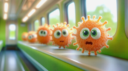 Naklejka premium Virus cartoon characters travel on a train, creating a playful atmosphere in a vibrant passenger cabin setting