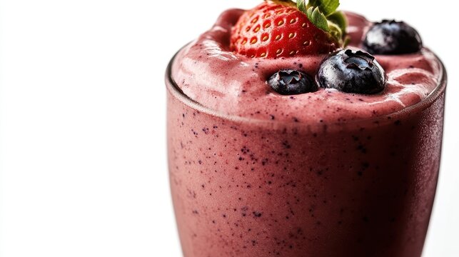 A close-up view of a berry smoothie reveals its creamy and fruity essence, adorned with strawberries and blueberries, embodying a wholesome burst of natural goodness.
