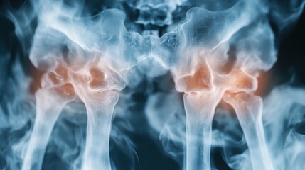 An X-ray image prominently displays hip bones with highlighted areas in orange, emphasizing the structure and anatomy, capturing a clinical yet artistic reflection.