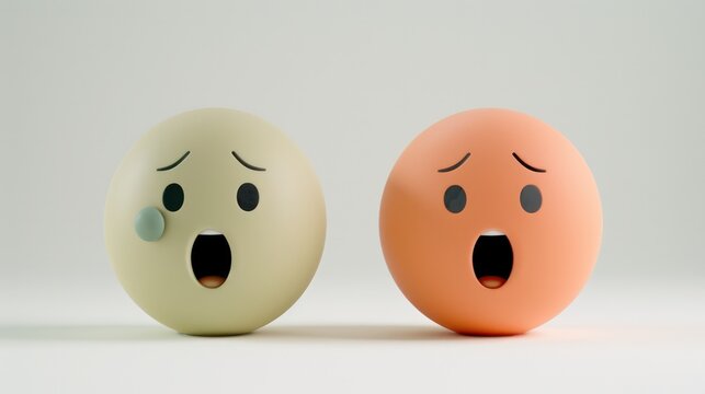 Two emojis, one in simple olive looking surprised, and another in pale coral with an expression of contentment, set against a white backdrop