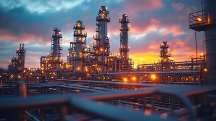 Fototapeta premium Industrial complex with illuminated towers and pipes against a dramatic sunset sky.