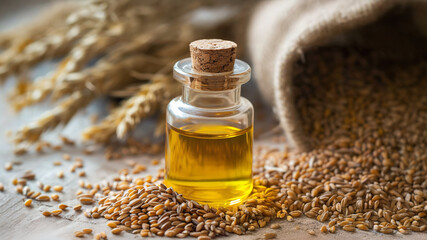 Close-up photo of wheat germ oil in vintage glass bottle with cork, surrounded by golden wheat grains and ears. Concept of a natural ingredient for wellness, skincare and aromatherapy, medecine