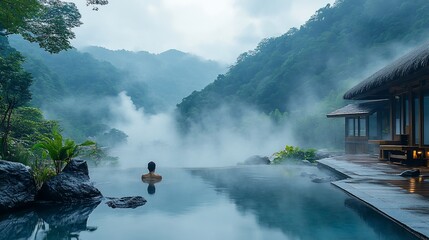 A woman relaxes in a hot spring pool with a view of lush green mountains and mist.