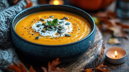 Pumpkin soup with cream, seeds, crackers and cinnamon. Autumn decor on table, orange squash in background. Healthy Halloween food