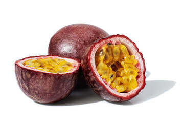 Purple Passion fruit cut in half slices isolated on white background
