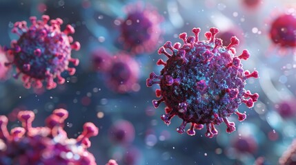 Fototapeta premium Illustration of coronaviruses in a microscopic view, showing virus structure and cellular background