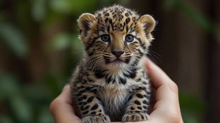 A small leopard cub with blue eyes is held in a person's hands. The cub is looking directly at the camera.