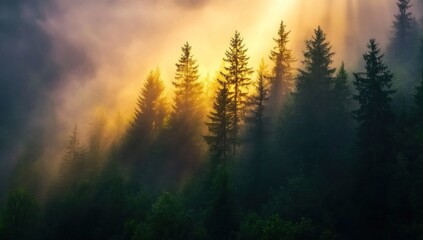 Sunrise through the Fog in a Pine Forest