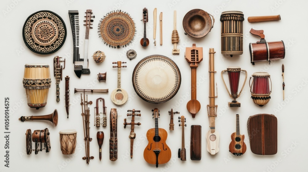 Poster a visual of various musical instruments from different cultures arranged in a harmonious composition