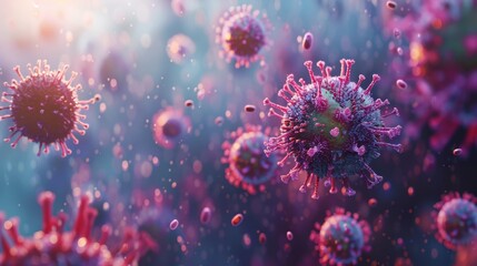 Fototapeta premium Illustration of coronaviruses in a microscopic view, showing virus structure and cellular background