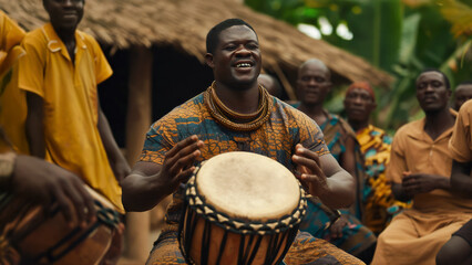 African drummer performing traditional rhythms at tribal celebration ceremony. Authentic cultural performance with traditional instruments, ethnic costumes. Concept of African heritage and traditions