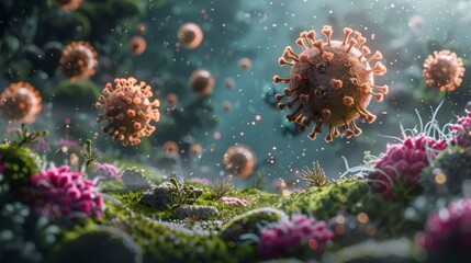 Fototapeta premium Illustration of coronaviruses in a microscopic view, showing virus structure and cellular background