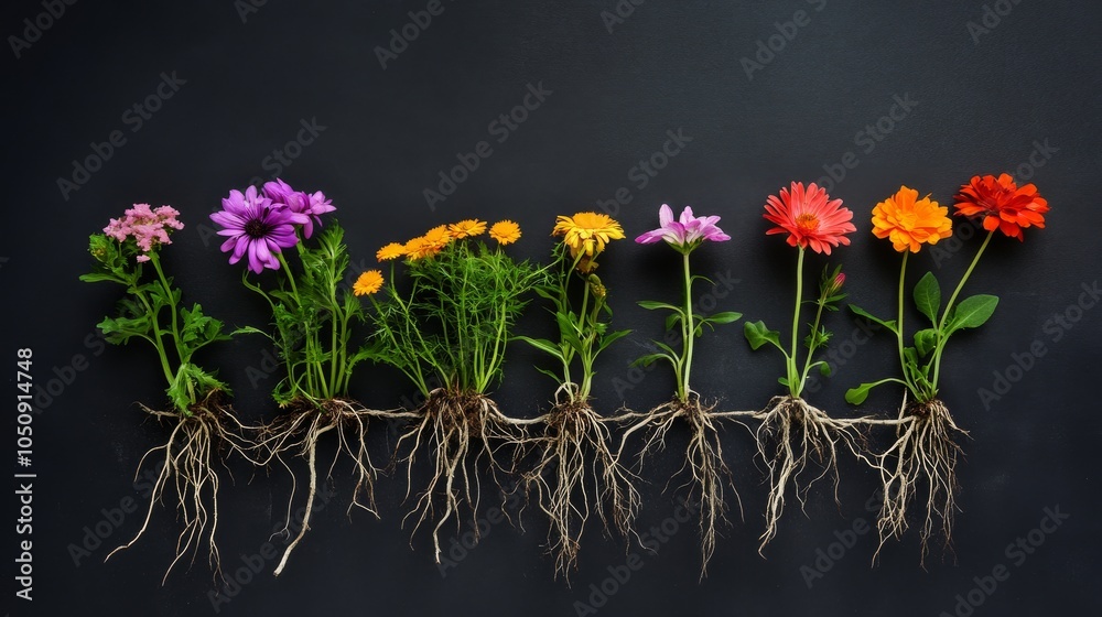 Poster A visually captivating depiction of multiple diverse flowers growing from a single root system, Representing the nurturing and growth that comes from a foundation of inclusivity and support