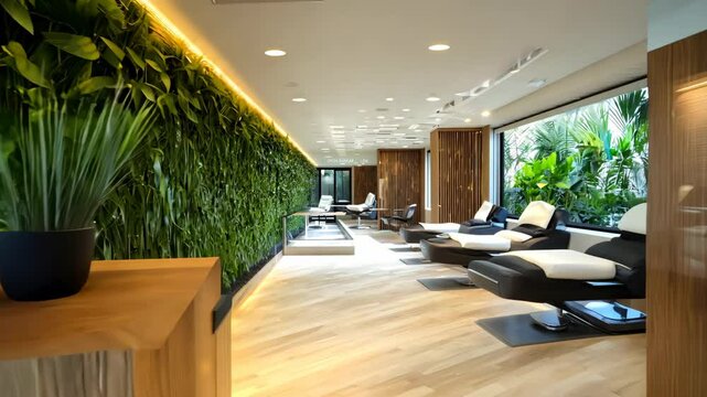Zoom out shot of an eco-conscious spa with a minimalist design, lush green plant wall, and bright lighting for a soothing atmosphere

