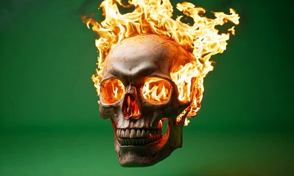 Realistic flaming skull with fiery flames and glowing eyes, surrounded by sparks against a green background