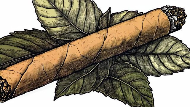 A close-up illustration of a cigar resting on a bed of tobacco leaves