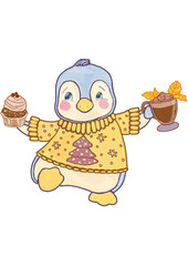 Illustration of cute Christmas seasonal penguin in sweater clothes with coffee or cocoa and sweet isolated on transparent background