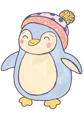 Fototapeta premium Children's illustration of cute blue penguin isolated on transparent background hand drawn