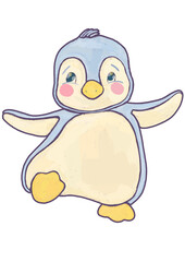 Children's illustration of cute blue penguin isolated on transparent background hand drawn