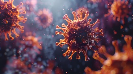 Fototapeta premium Illustration of coronaviruses in a microscopic view, showing virus structure and cellular background