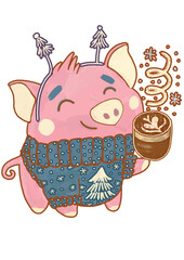 Illustration of cute Christmas seasonal pig wearing sweater clothes with coffee or cocoa isolated on transparent background © Alina Dmitrieva