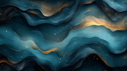 Abstract background with wavy blue and gold shapes and a starry effect.